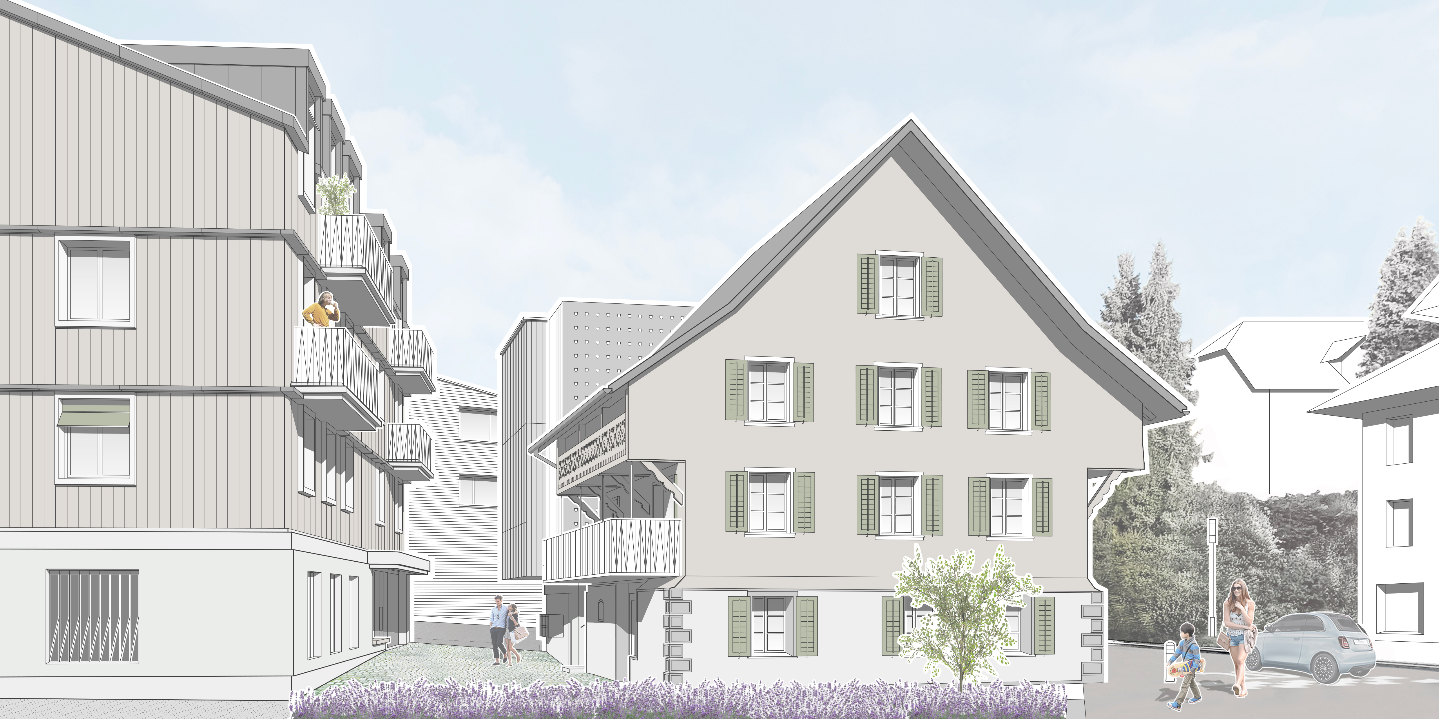 Hof: Skizzencollage – links Ersatzbau Scheune, Mitte Dalihaus mit neuem Balkon