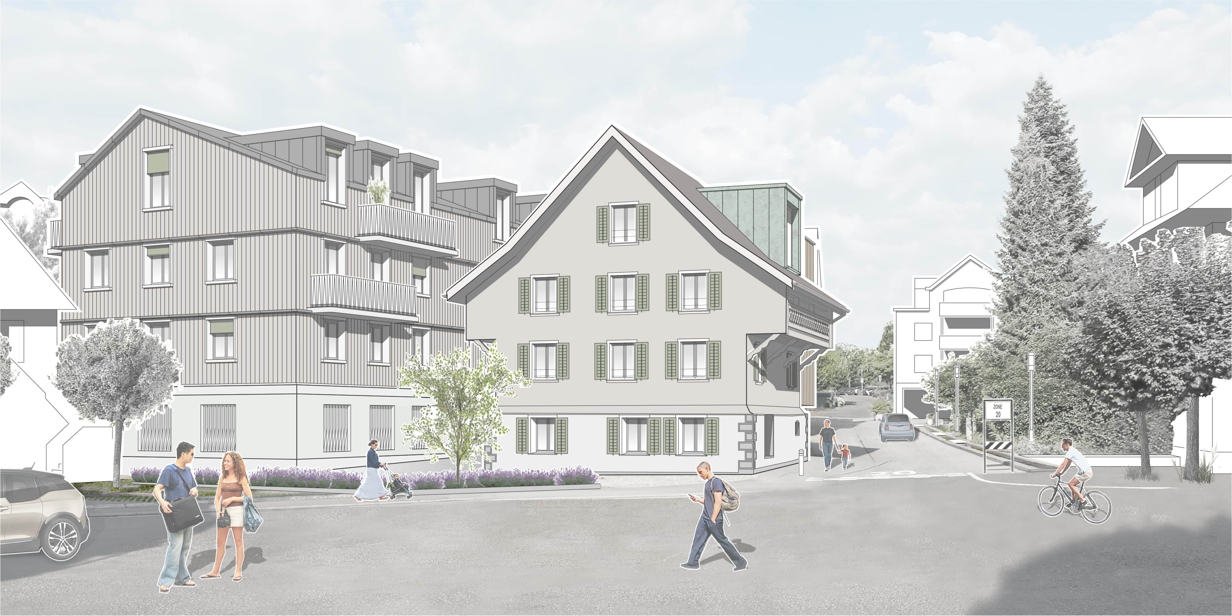 Nordostansicht: Skizzencollage – links Ersatzbau Scheune, Mitte Dalihaus mit neuer Kupfer Lukarne