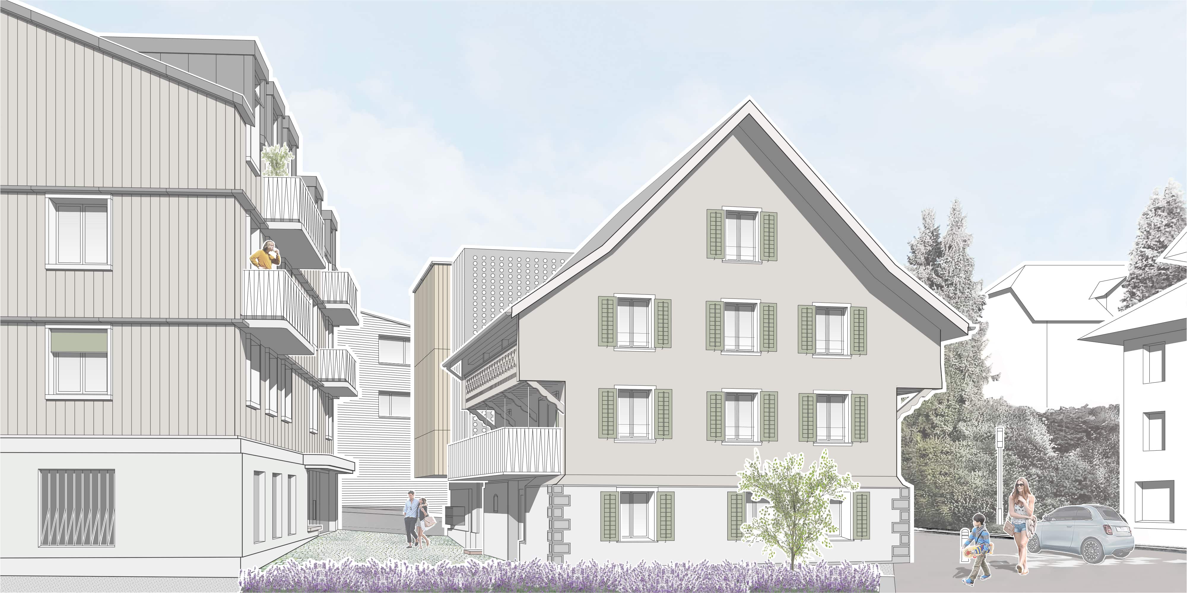 Hof: Skizzencollage – links Ersatzbau Scheune, Mitte Dalihaus mit neuem Balkon