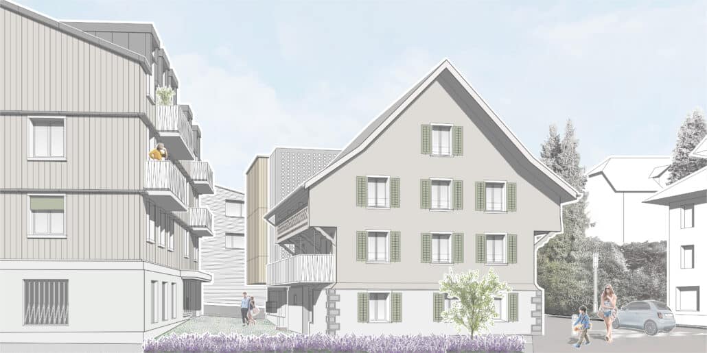 Hof: Skizzencollage – links Ersatzbau Scheune, Mitte Dalihaus mit neuem Balkon