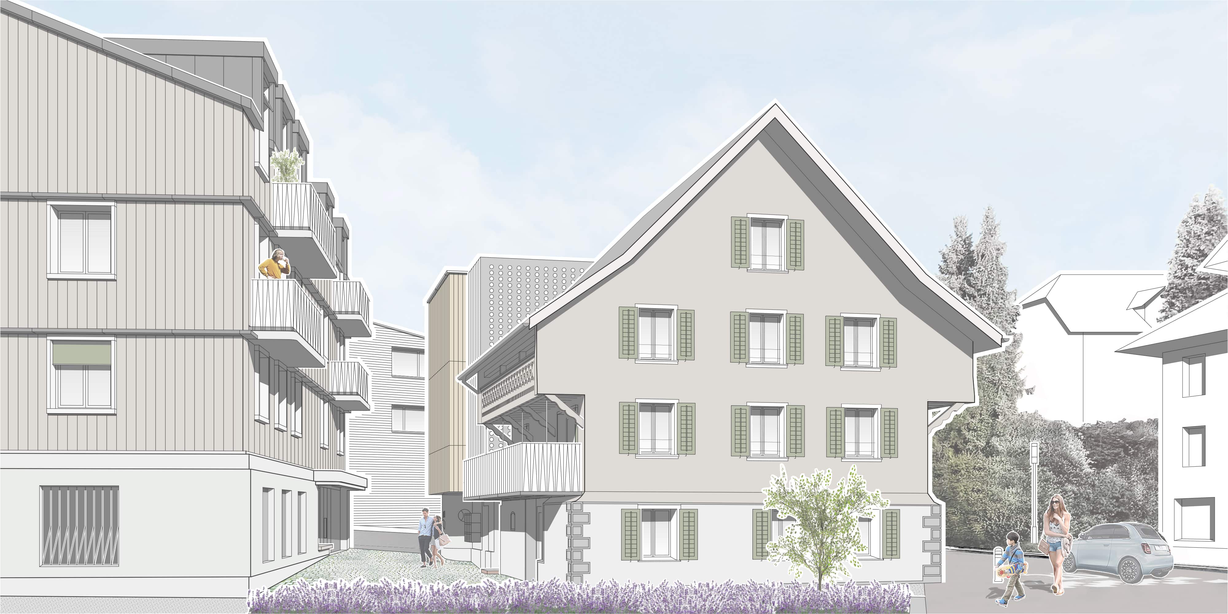 Hof: Skizzencollage – links Ersatzbau Scheune, Mitte Dalihaus mit neuem Balkon